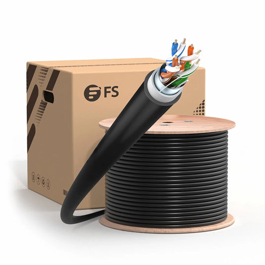 Cat5e Outdoor Direct Burial Cable, 1000ft (305m), 24AWG Solid Pure Bare Copper, 350MHz, Shielded (F/UTP), UV Rated PVC and LDPE Double Jackets, with Reel, Black