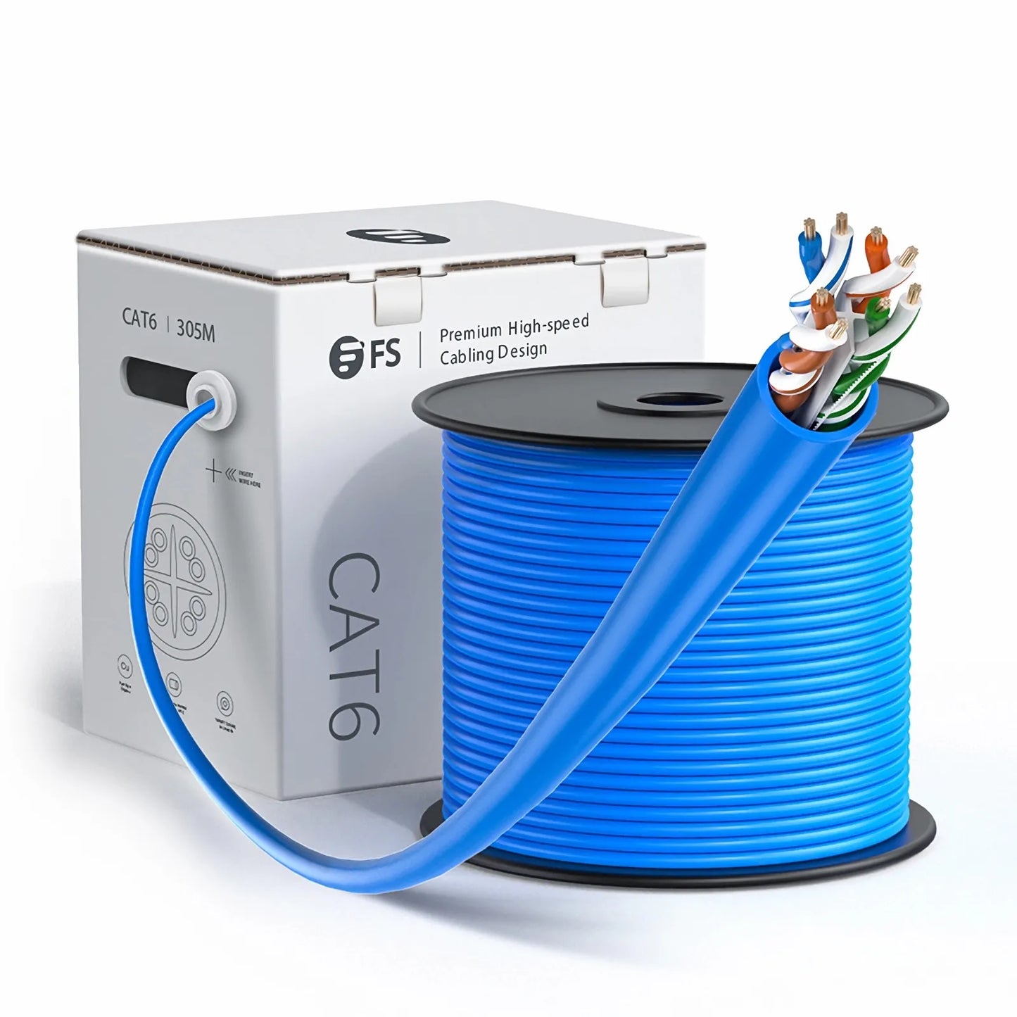 Cat6 Ethernet Bulk Cable, 1000ft (305m), UL Listed, 24AWG Stranded Pure Bare Copper Wire, 550MHz, Unshielded (UTP), PVC CM, with Reel (Blue)