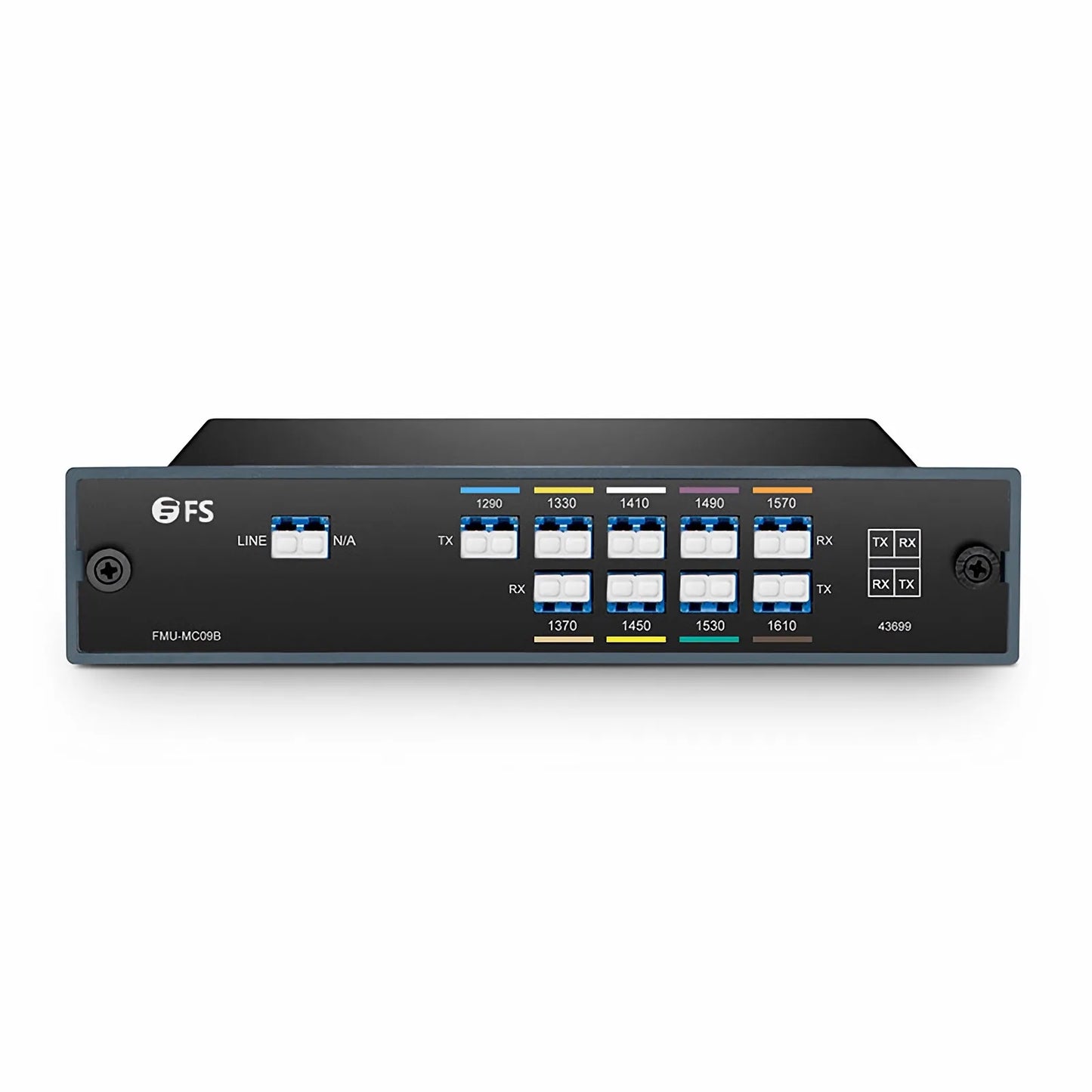 9 Channels CWDM Mux Demux, 1290-1610nm, 2.4dB Typical IL, LC/UPC, Single Fiber, Side-B, FMU Plug-in Module