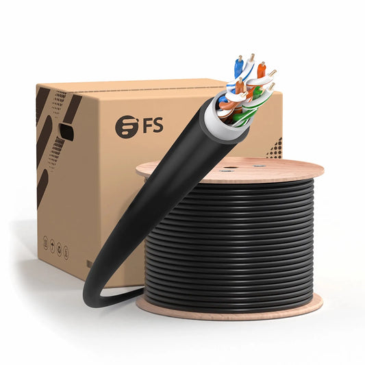 Cat5e Outdoor Direct Burial Cable, 1000ft (305m), 24AWG Solid Pure Bare Copper, 350MHz, Unshielded (UTP), UV Rated PVC and LDPE Double Jackets, with Reel, Black
