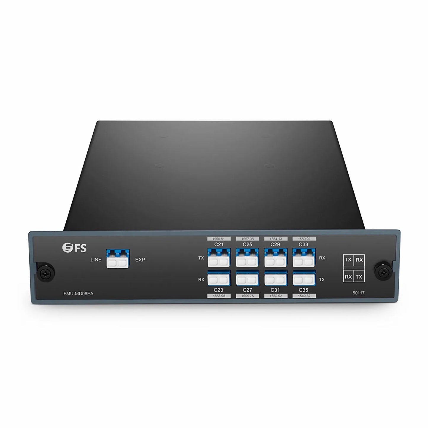 8 Channels DWDM Mux Demux, 100GHz C21-C35, with Expansion Port, 4.2dB Typical IL, LC/UPC, Single Fiber, Side-A, FMU Plug-in Module