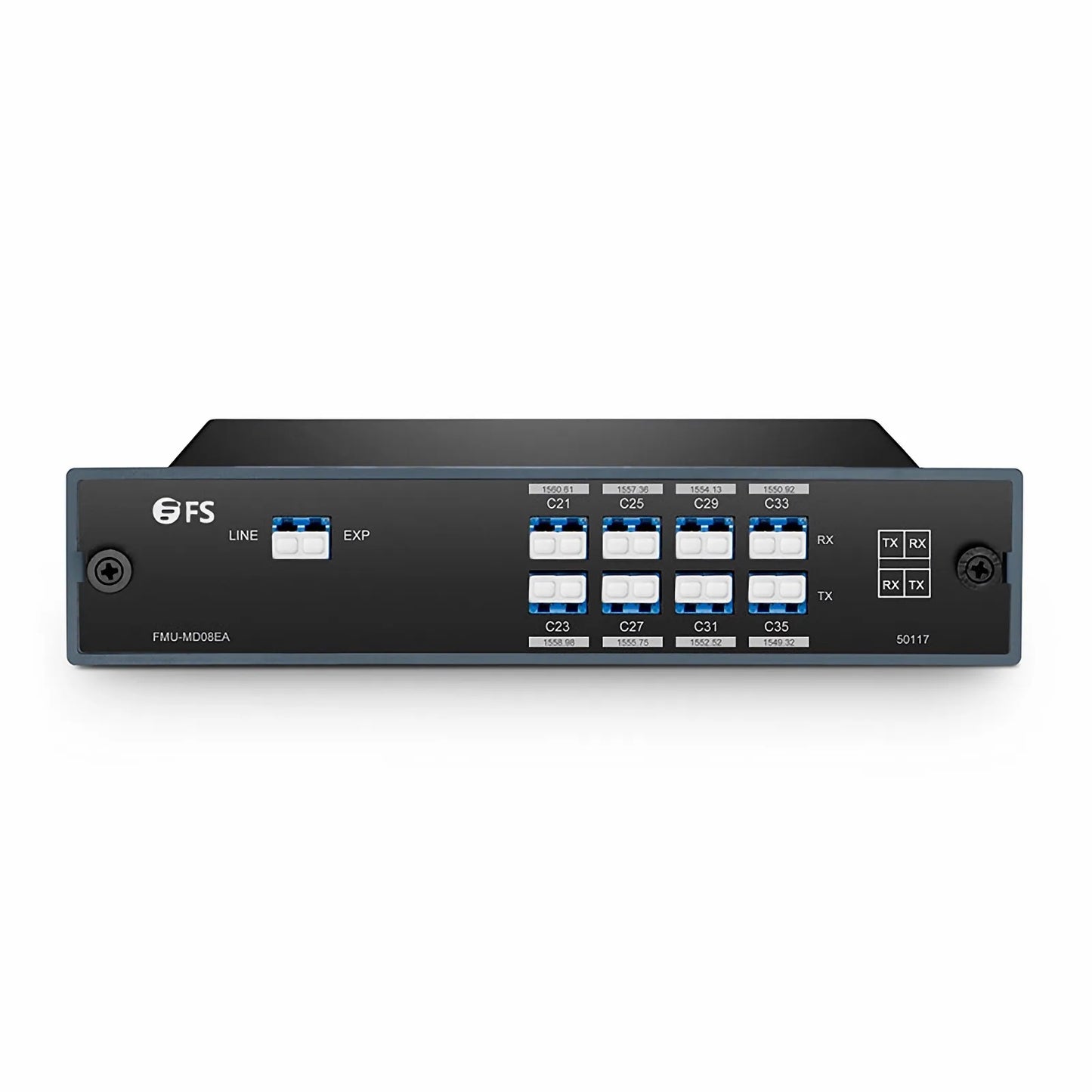 8 Channels DWDM Mux Demux, 100GHz C21-C35, with Expansion Port, 4.2dB Typical IL, LC/UPC, Single Fiber, Side-A, FMU Plug-in Module