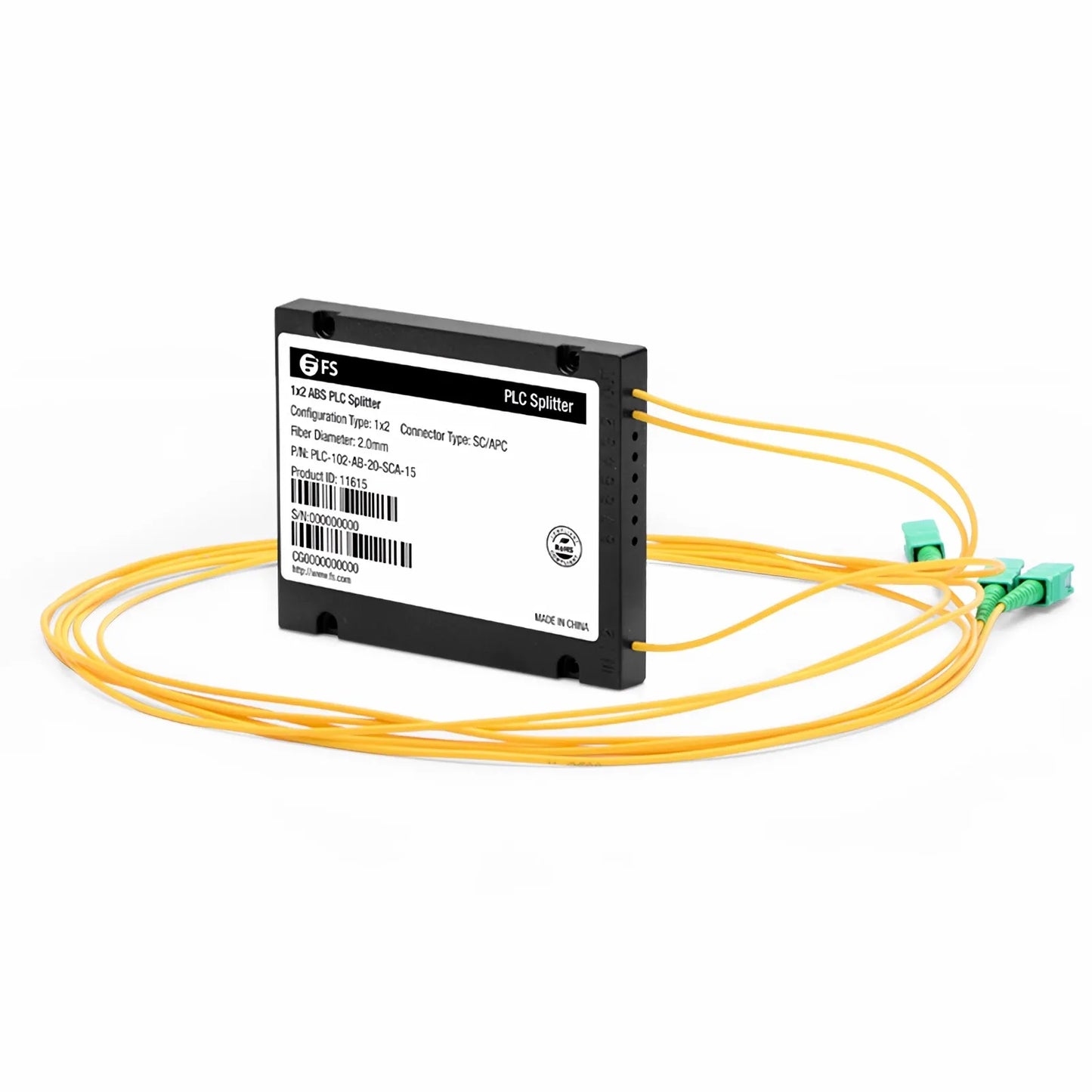 1 x 2 PLC Fiber Splitter, Splice/Pigtailed ABS Module, 2.0mm, SC/APC, Singlemode