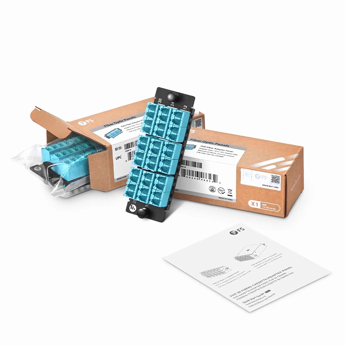 FHD™ Fiber Adapter Panel, 36 Fibers OM4 Multimode, 18 x Shuttered LC UPC Duplex (Aqua) Adapter, Ceramic Sleeve