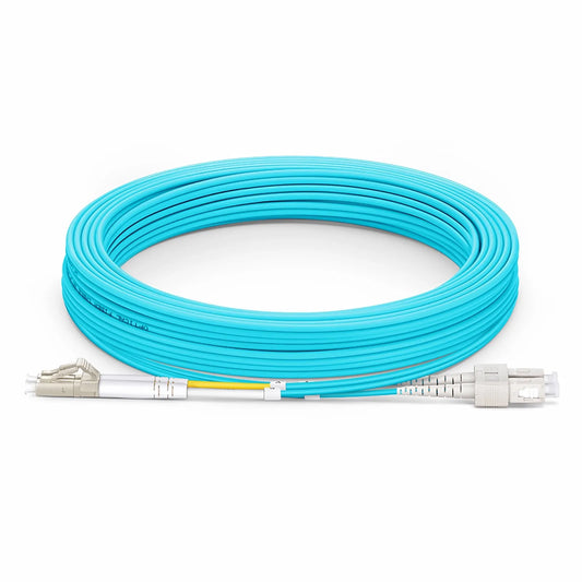 10m (33ft) Fiber Patch Cable, 2 Fibers, LC UPC Duplex to SC UPC Duplex, Multimode (OM3), Riser (OFNR), 2.0mm, Tight-Buffered, Aqua