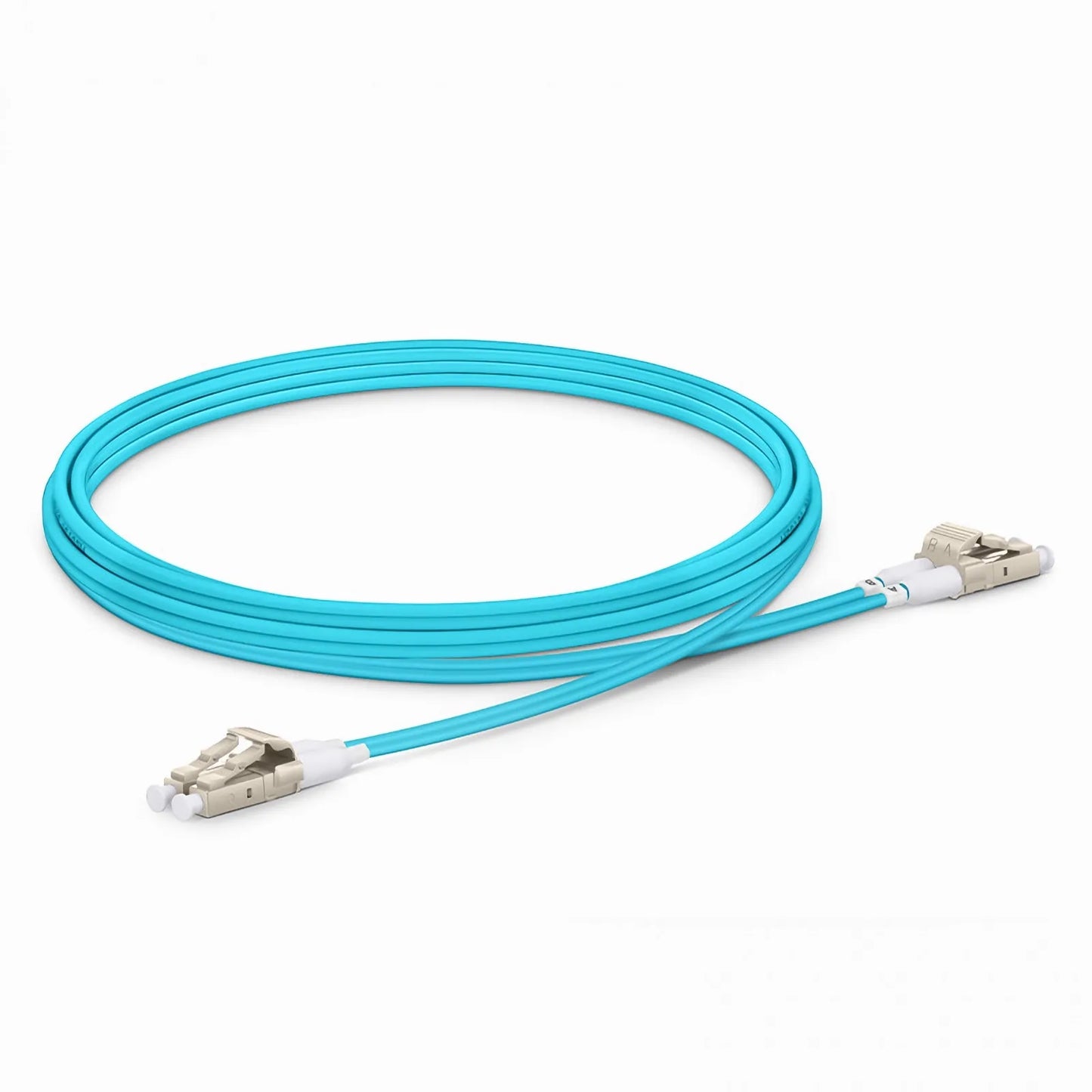 2m (7ft) Fiber Patch Cable, 2 Fibers, Short Boot, LC UPC Duplex to LC UPC Duplex, Multimode (OM4), Riser (OFNR), 2.0mm, Tight-Buffered, Aqua