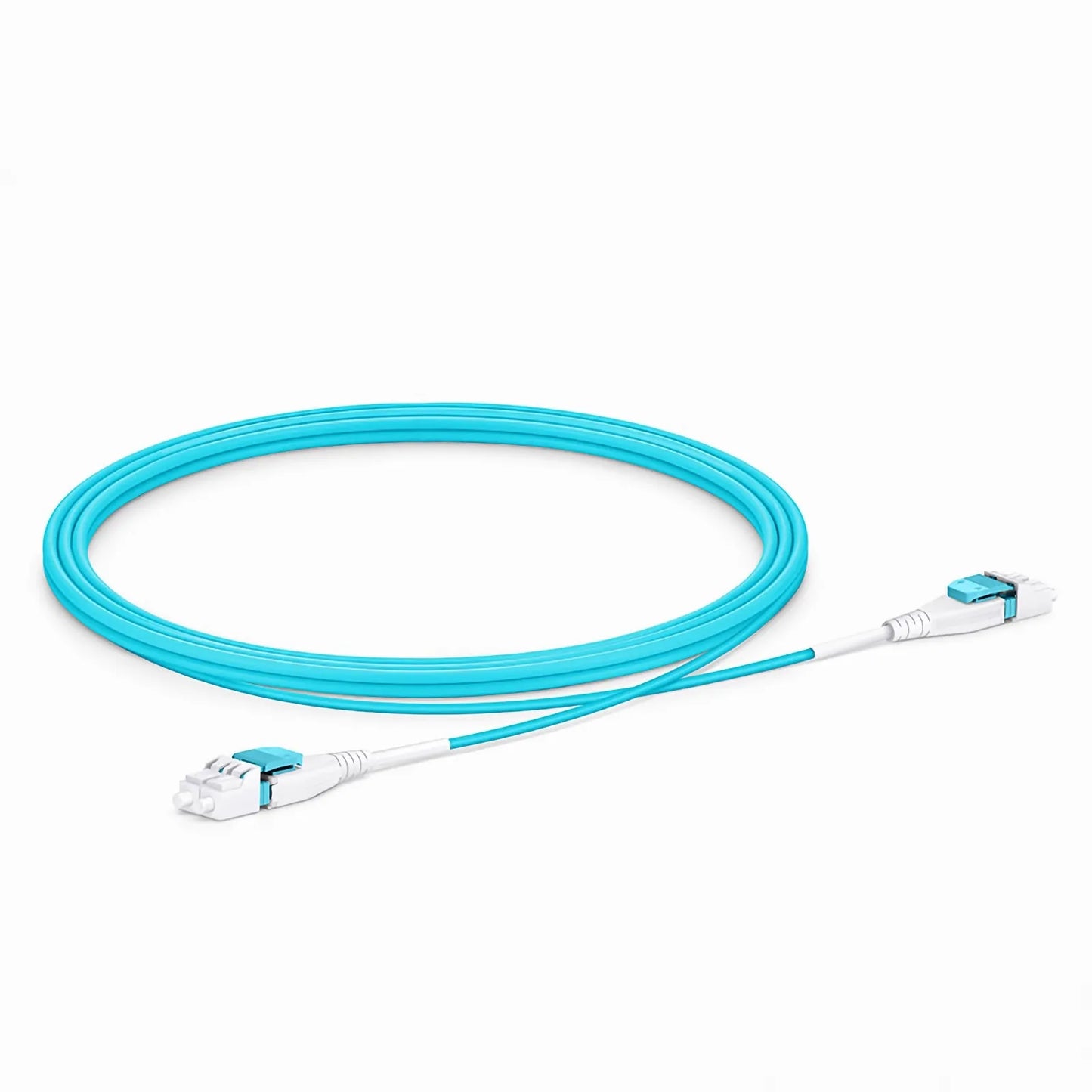 2m (7ft) Fiber Patch Cable, 2 Fibers, LC UPC Duplex to LC UPC Duplex Flat Clip Uniboot, Multimode (OM4), Riser (OFNR), 2.0mm, Aqua
