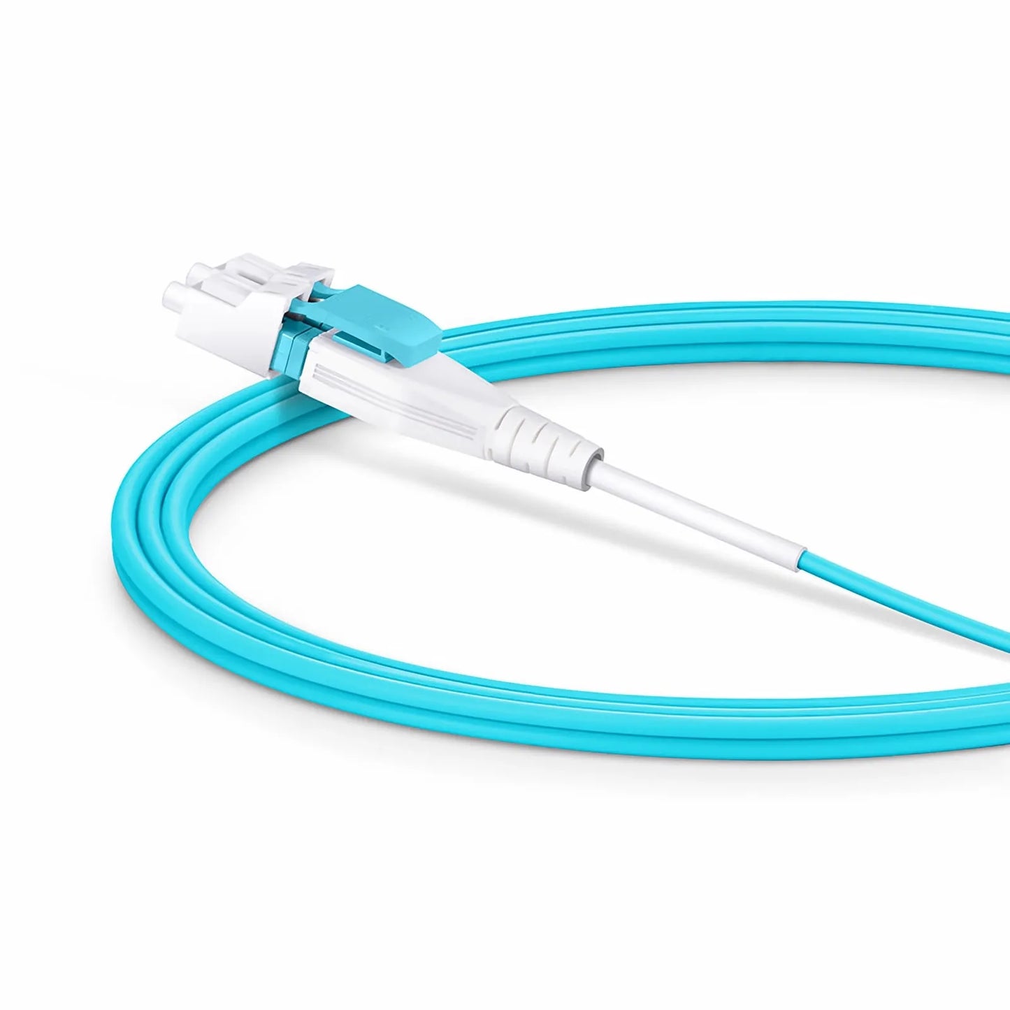 1.5m (5ft) Fiber Patch Cable, 2 Fibers, LC UPC Duplex to LC UPC Duplex Flat Clip Uniboot, Multimode (OM4), Riser (OFNR), 2.0mm, Aqua