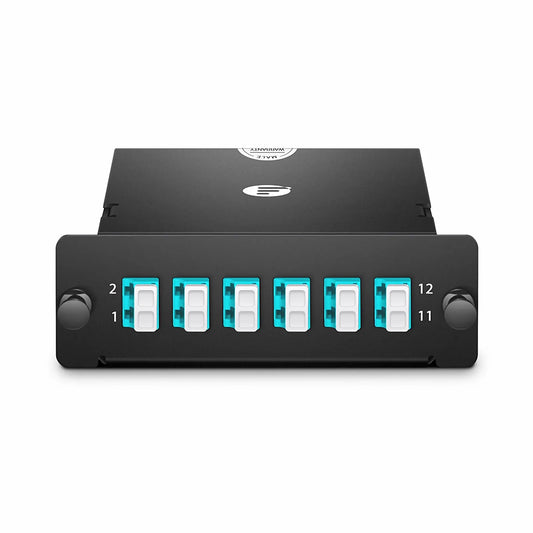 FHD™ MTP®-LC Cassette, OM4 Multimode, Type AF, 12 Fibers, MTP®-12 (Male) to 6 x LC Duplex (Aqua), 0.35dB Max.