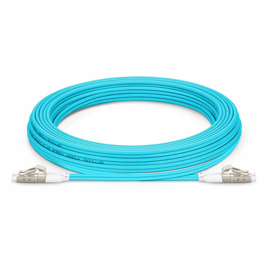 5m (16ft) Fiber Patch Cable, 2 Fibers, Short Boot, LC UPC Duplex to LC UPC Duplex, Multimode (OM3), Riser (OFNR), 2.0mm, Tight-Buffered, Aqua