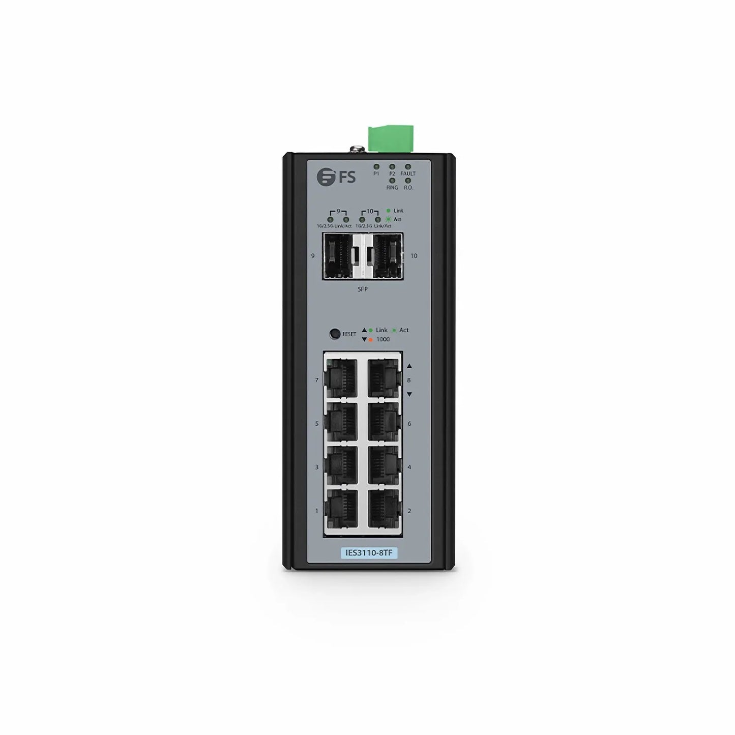 IES3110-8TF, 8-Port Gigabit Ethernet L2+ Managed Industrial Switch, 8 x 10/100/1000BASE-T, with 2 x 1Gb SFP, -40 to 75°C Operating Temperature