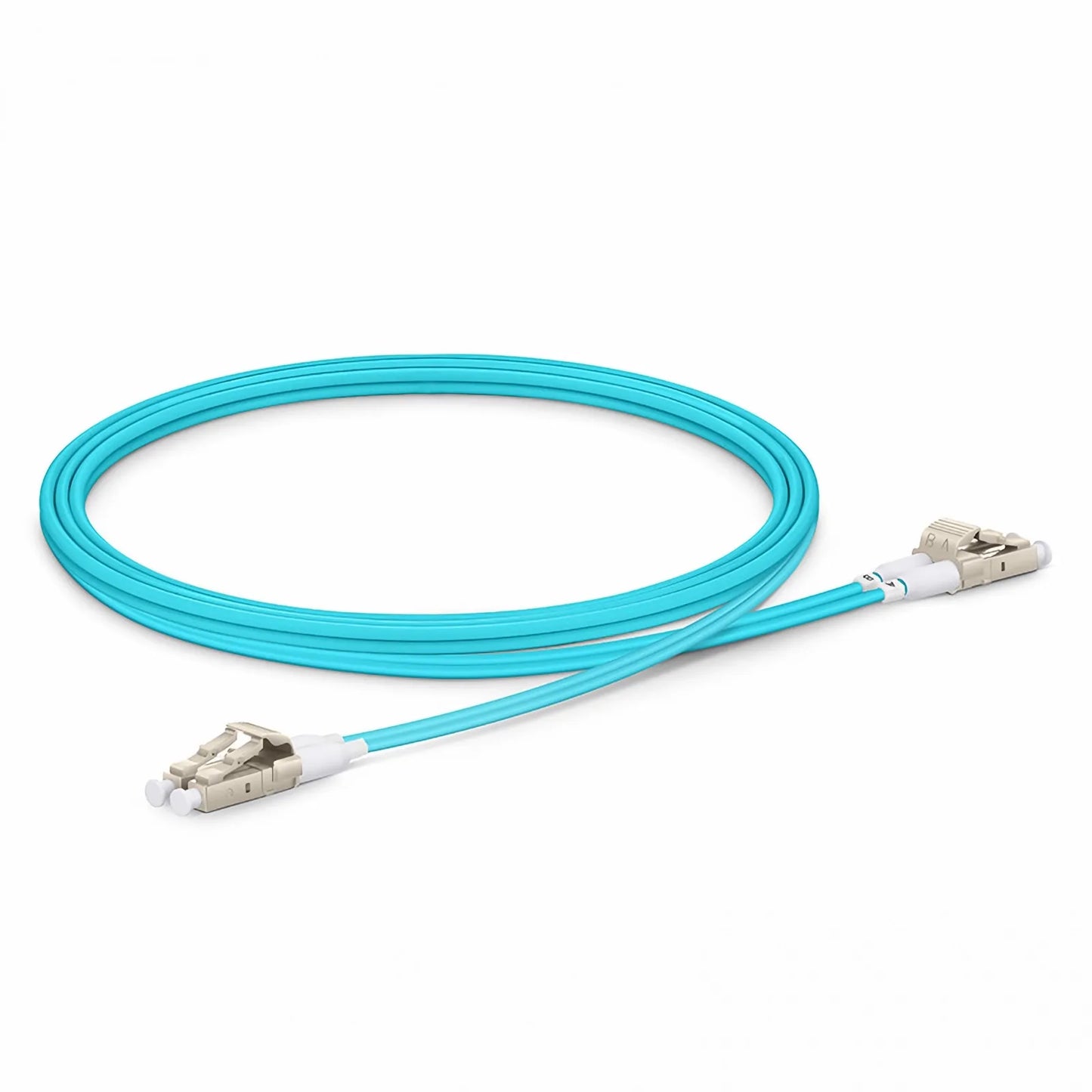 1m (3ft) Fiber Patch Cable, 2 Fibers, Short Boot, LC UPC Duplex to LC UPC Duplex, Multimode (OM4), Riser (OFNR), 2.0mm, Tight-Buffered, Aqua