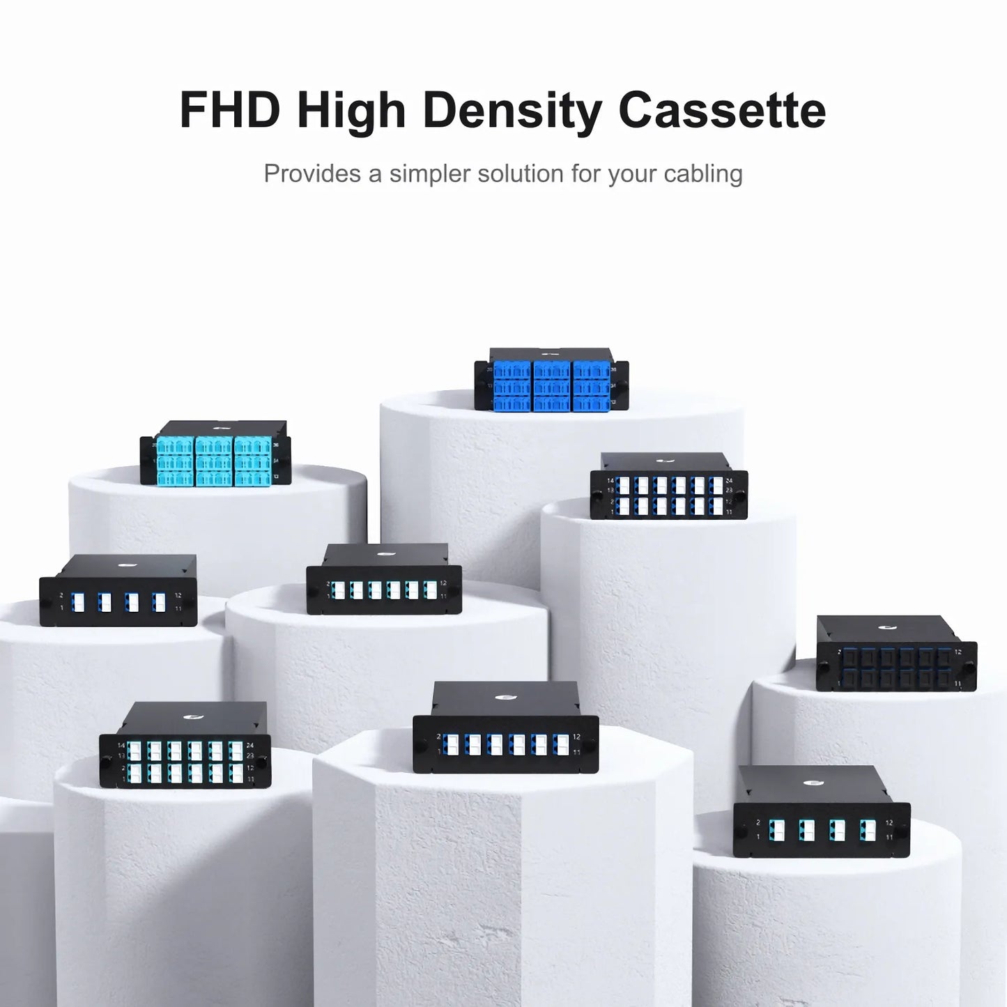 FHD™ MTP®-LC Cassette, OM4 Multimode, Type A, 12 Fibers, MTP®-12 (Male) to 6 x LC Duplex (Aqua), 0.35dB Max.