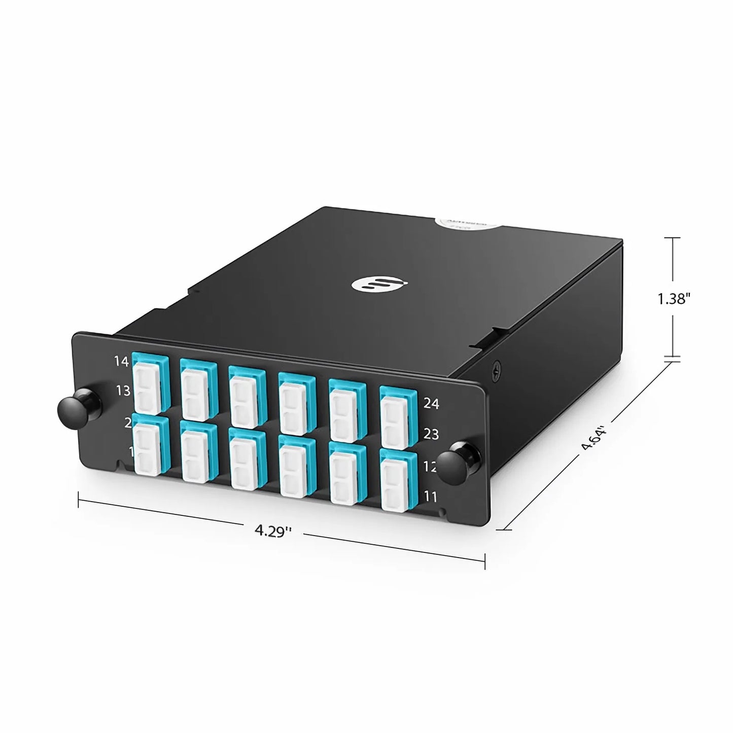 FHD™ MTP®-LC Cassette, OM4 Multimode, Type A, 24 Fibers, 2 x MTP®-12 (Male) to 12 x LC Duplex (Aqua), 0.35dB Max.