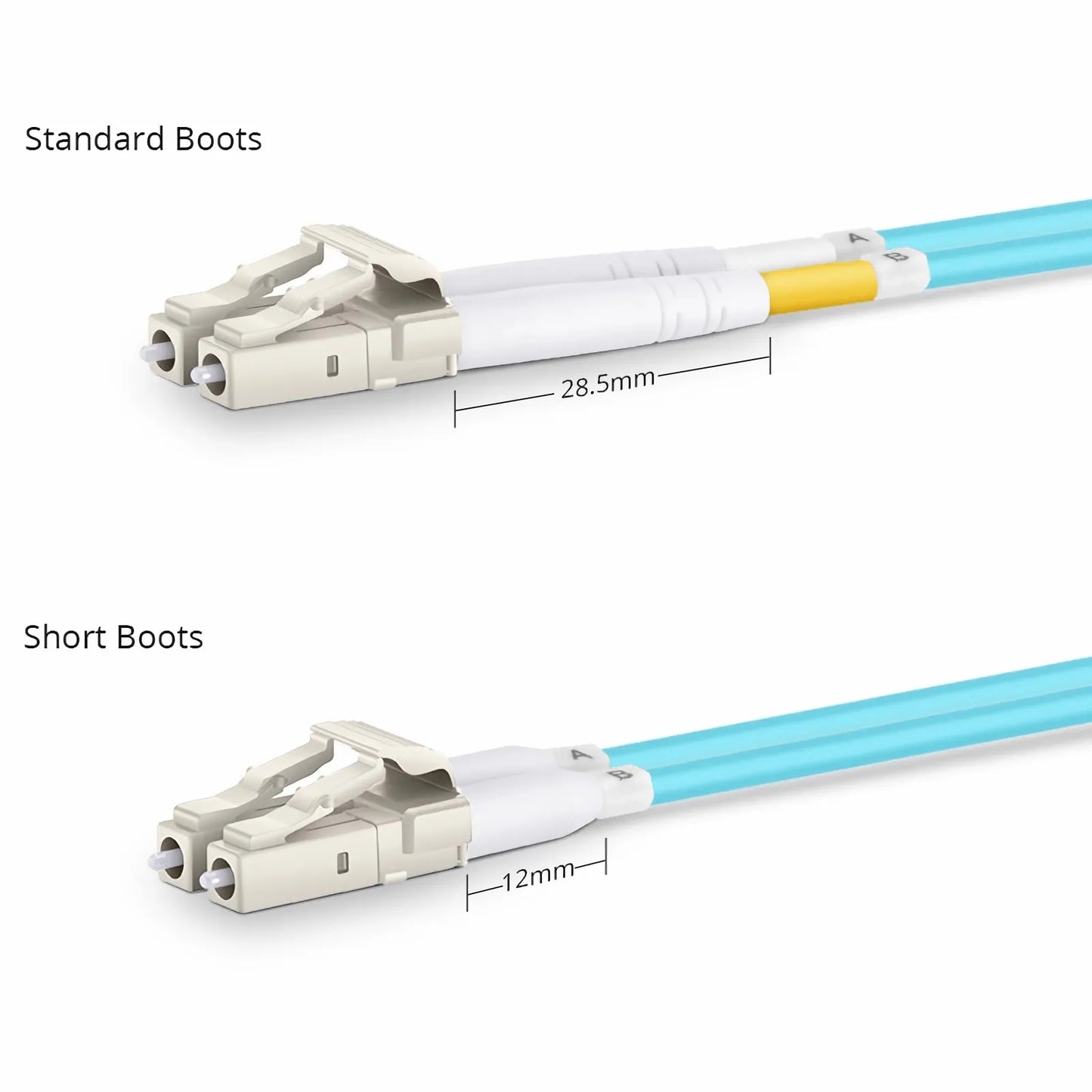 0.5m (1.6ft) Fiber Patch Cable, 2 Fibers, Short Boot, LC UPC Duplex to LC UPC Duplex, Multimode (OM4), Riser (OFNR), 2.0mm, Tight-Buffered, Aqua