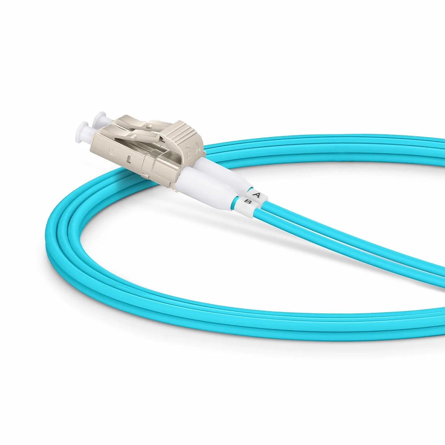 1m (3ft) Fiber Patch Cable, 2 Fibers, Short Boot, LC UPC Duplex to LC UPC Duplex, Multimode (OM3), Riser (OFNR), 2.0mm, Tight-Buffered, Aqua