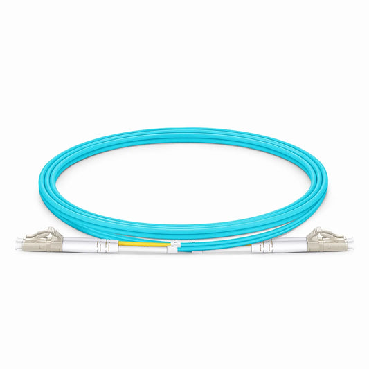 1m (3ft) Fiber Patch Cable, 2 Fibers, Ultra Low Loss, LC UPC Duplex to LC UPC Duplex, Multimode (OM4), Riser (OFNR), 2.0mm, Typical 0.08dB IL, Tight-Buffered, Aqua