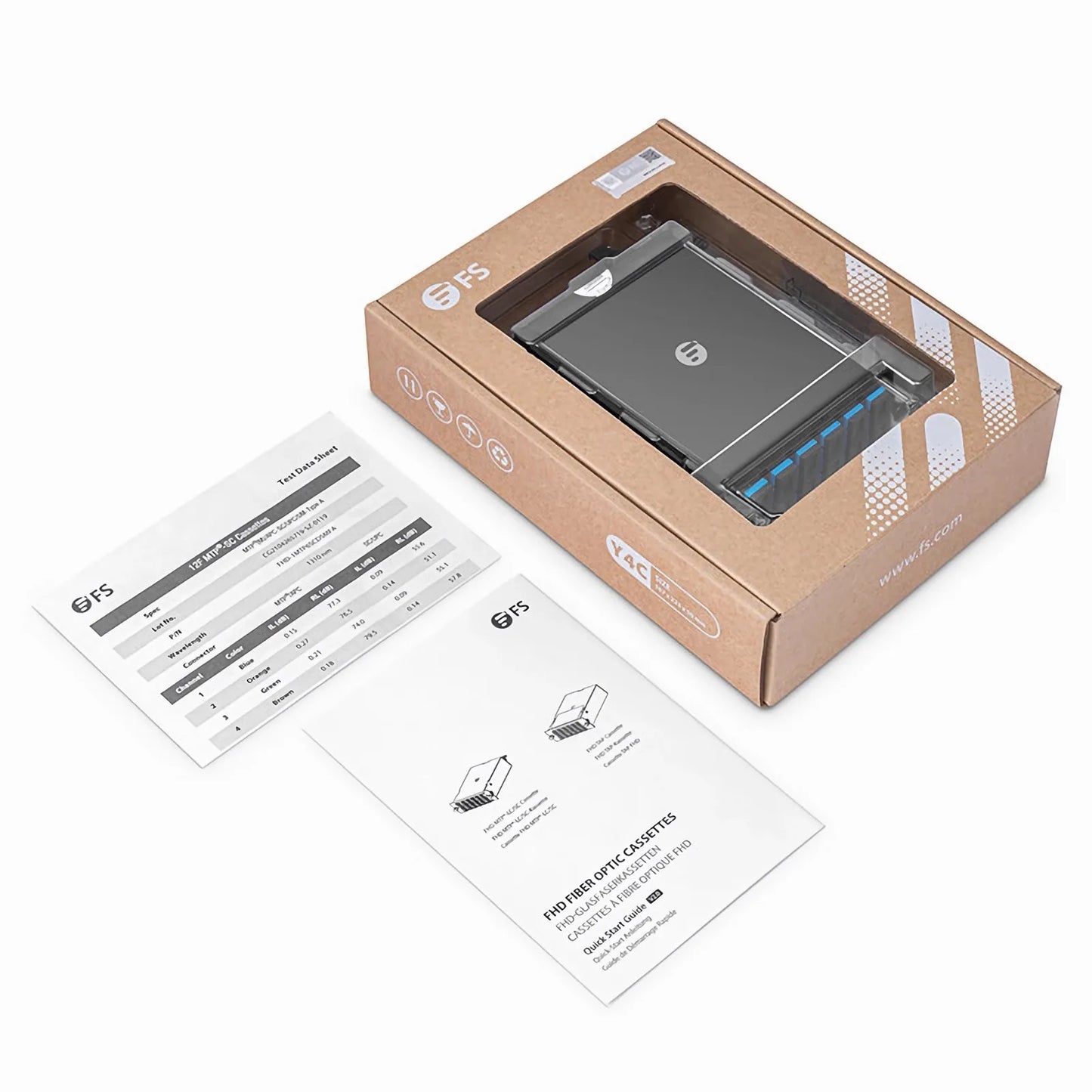 FHD™ MTP®-SC Cassette, OS2 Single Mode, Type A, 12 Fibers, MTP®-12 (Male) to 6 x SC Duplex (Blue), 0.35dB Max.