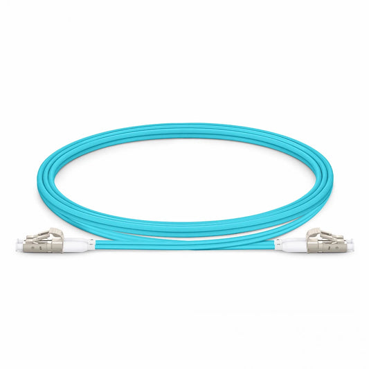 1m (3ft) Fiber Patch Cable, 2 Fibers, Short Boot, LC UPC Duplex to LC UPC Duplex, Multimode (OM4), Riser (OFNR), 2.0mm, Tight-Buffered, Aqua