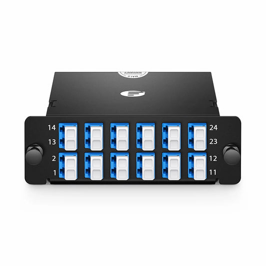 FHD™ MTP®-LC Cassette, OS2 Single Mode, Type AF, 24 Fibers, 2 x MTP®-12 (Male) to 12 x LC Duplex (Blue), 0.35dB Max.