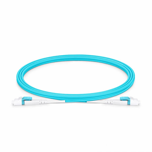 1.5m (5ft) Fiber Patch Cable, 2 Fibers, LC UPC Duplex to LC UPC Duplex Flat Clip Uniboot, Multimode (OM4), Riser (OFNR), 2.0mm, Aqua