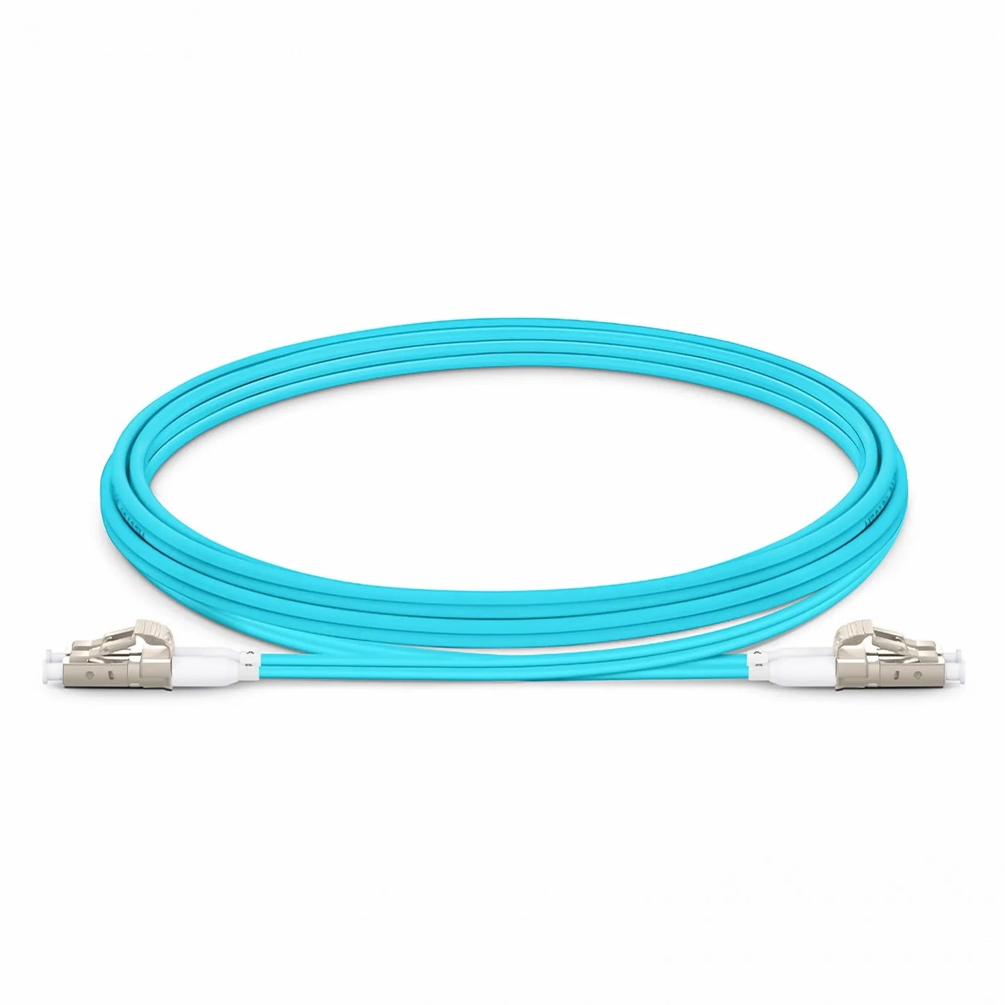 2m (7ft) Fiber Patch Cable, 2 Fibers, Short Boot, LC UPC Duplex to LC UPC Duplex, Multimode (OM4), Riser (OFNR), 2.0mm, Tight-Buffered, Aqua