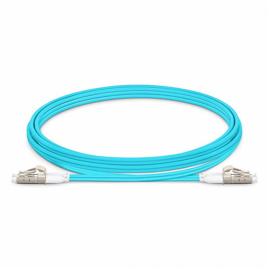 2m (7ft) Fiber Patch Cable, 2 Fibers, Short Boot, LC UPC Duplex to LC UPC Duplex, Multimode (OM4), Riser (OFNR), 2.0mm, Tight-Buffered, Aqua
