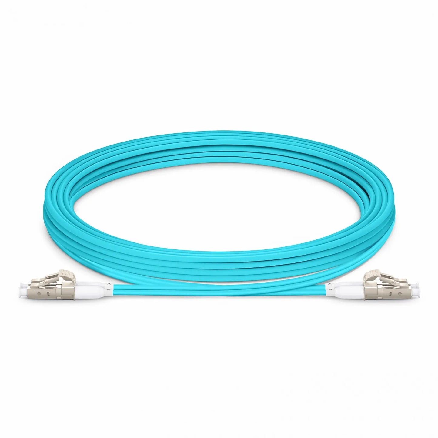 3m (10ft) Fiber Patch Cable, 2 Fibers, Short Boot, LC UPC Duplex to LC UPC Duplex, Multimode (OM4), Riser (OFNR), 2.0mm, Tight-Buffered, Aqua