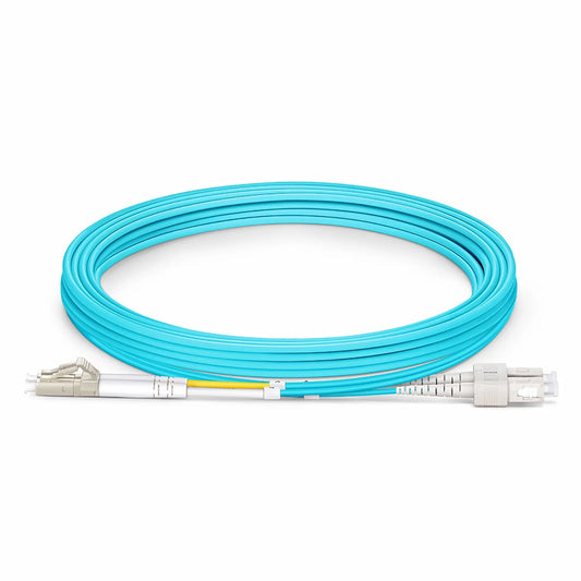 3m (10ft) Fiber Patch Cable, 2 Fibers, LC UPC Duplex to SC UPC Duplex, Multimode (OM3), Riser (OFNR), 2.0mm, Tight-Buffered, Aqua