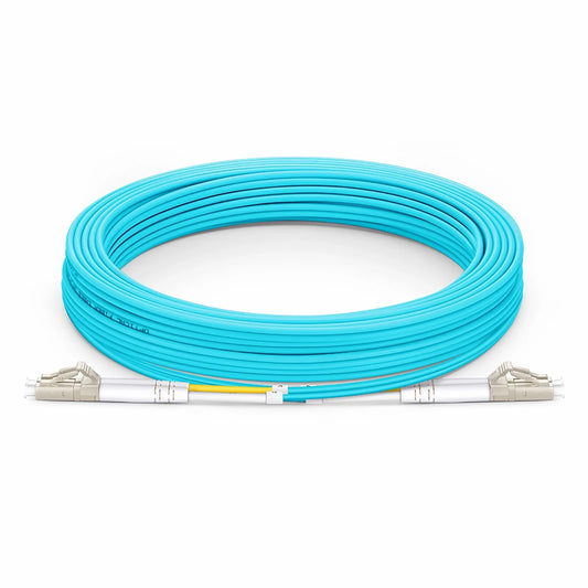 20m (66ft) Fiber Patch Cable, 2 Fibers, LC UPC Duplex to LC UPC Duplex, Multimode (OM3), Riser (OFNR), 2.0mm, Tight-Buffered, Aqua