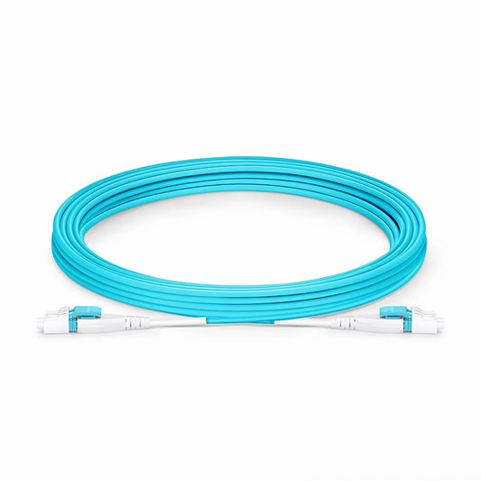 5m (16ft) Fiber Patch Cable, 2 Fibers, LC UPC Duplex to LC UPC Duplex Flat Clip Uniboot, Multimode (OM4), Riser (OFNR), 2.0mm, Aqua