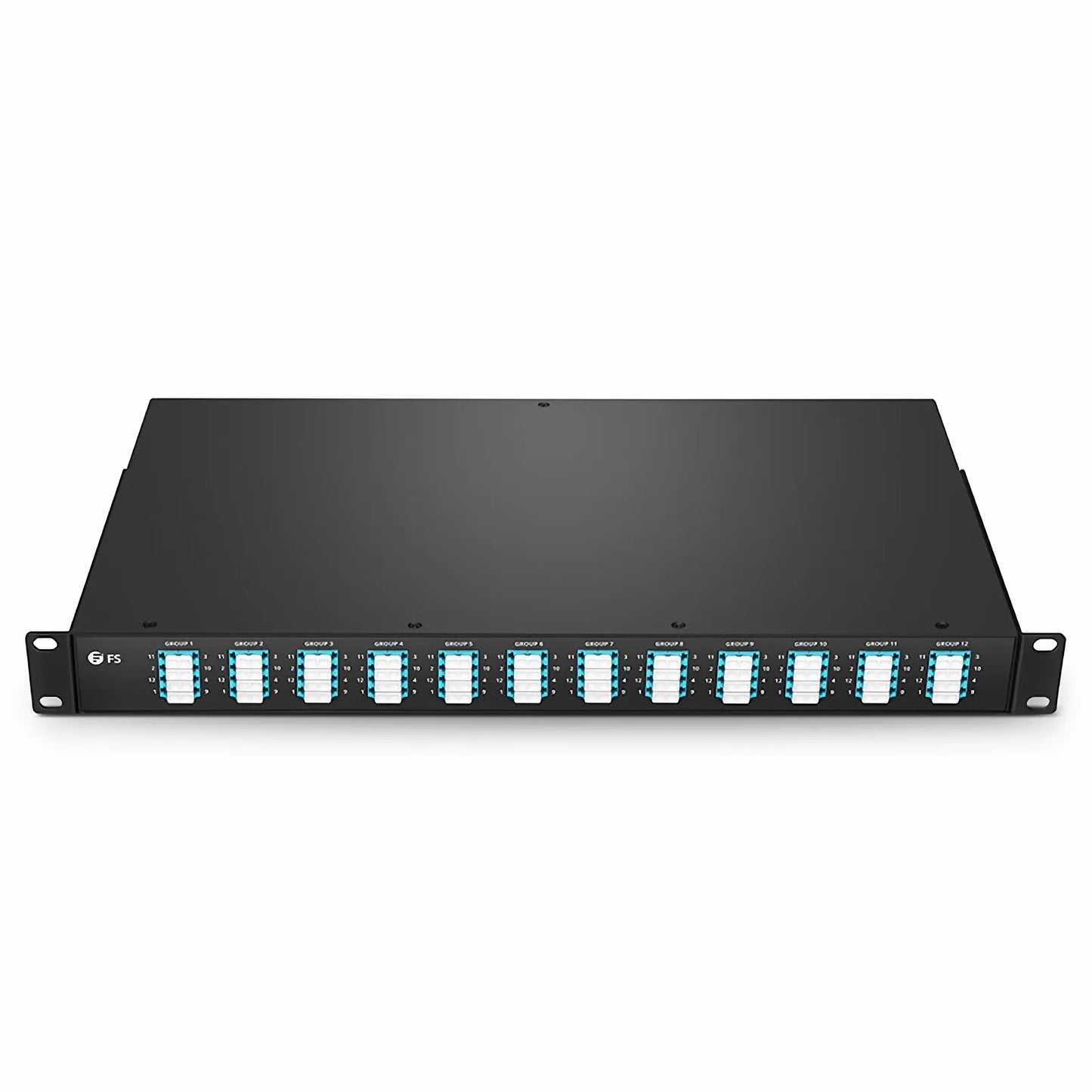FHU™ 1U MTP®-LC Cassette, OM4 Multimode, Universal, 96 Fibers, 12 x MTP®-8 (Male) to 24 x LC Quad (Aqua), 0.35dB Max.