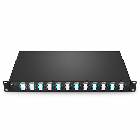 FHU™ 1U MTP®-LC Cassette, OM4 Multimode, Universal, 96 Fibers, 12 x MTP®-8 (Male) to 24 x LC Quad (Aqua), 0.35dB Max.