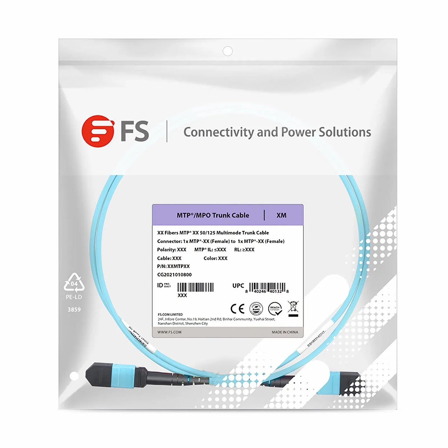5m (16ft) MTP® Jumper, MTP®-12 UPC (Female) to MTP®-12 UPC (Female), 12 Fibers, Multimode (OM3), Plenum (OFNP), 0.35dB Max, Type A, Aqua