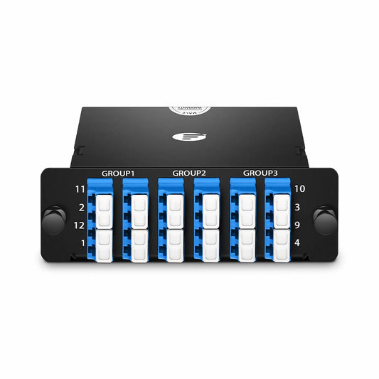 FHD™ MTP®-LC Cassette, OS2 Single Mode, Universal, 24 Fibers, 3 x MTP®-8 (Male) to 6 x LC Quad (Blue), 0.35dB Max.