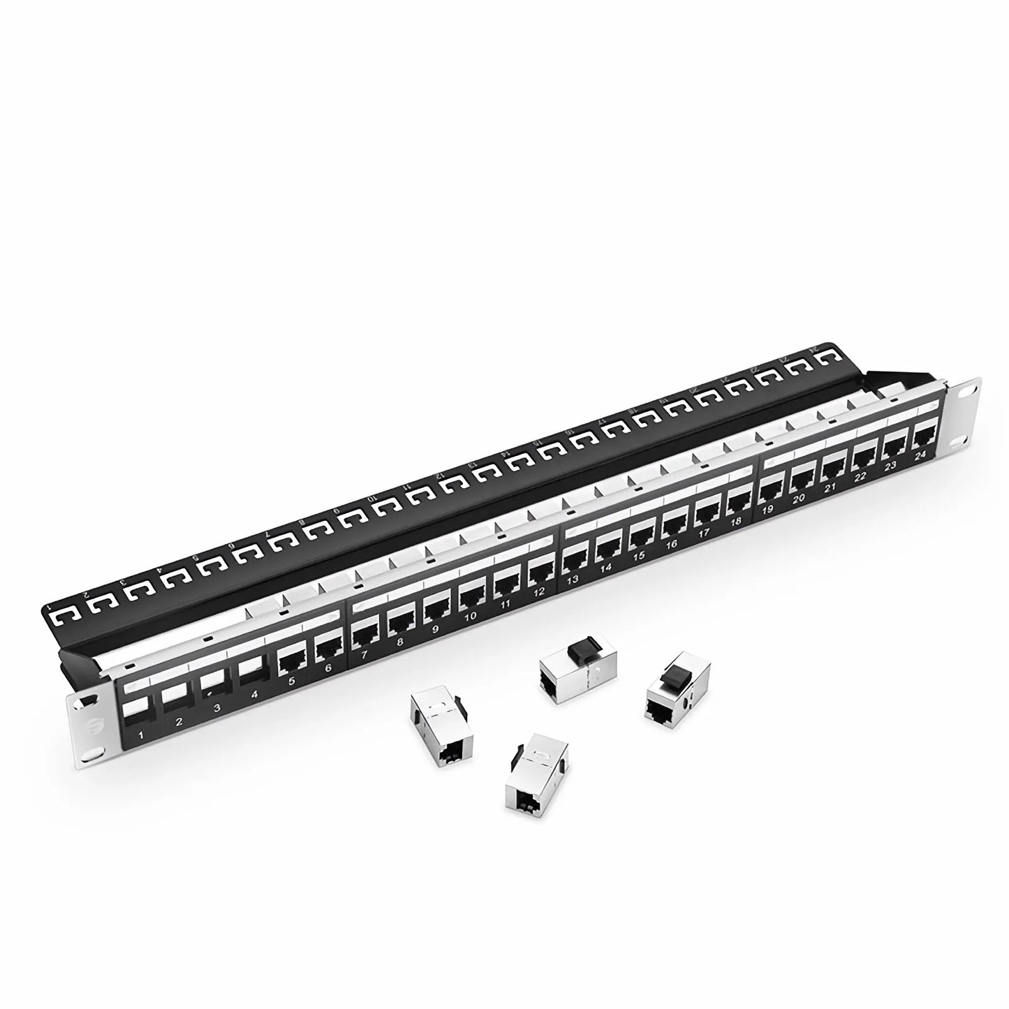 Cat5e Coupler Patch Panel, 24-Port, 1RU, Cable Management Bar Included
