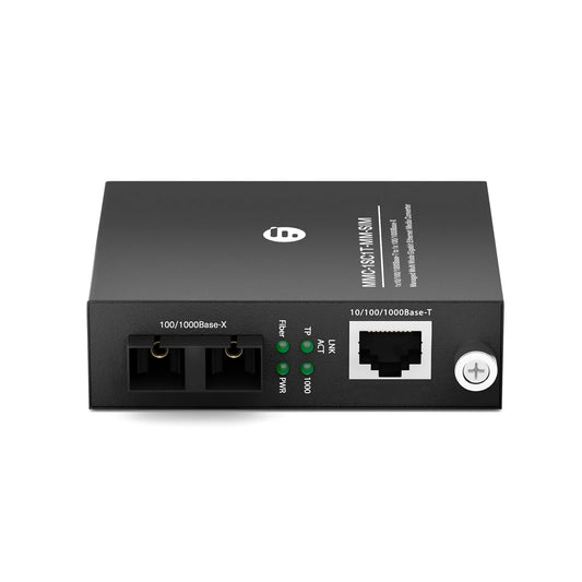 Managed 1x 10/100/1000Base-T RJ45 to 1x 100/1000Base-X Multimode SC Duplex 850nm 550m Gigabit Ethernet Media Converter, Slide-in Module, European Plug Standard