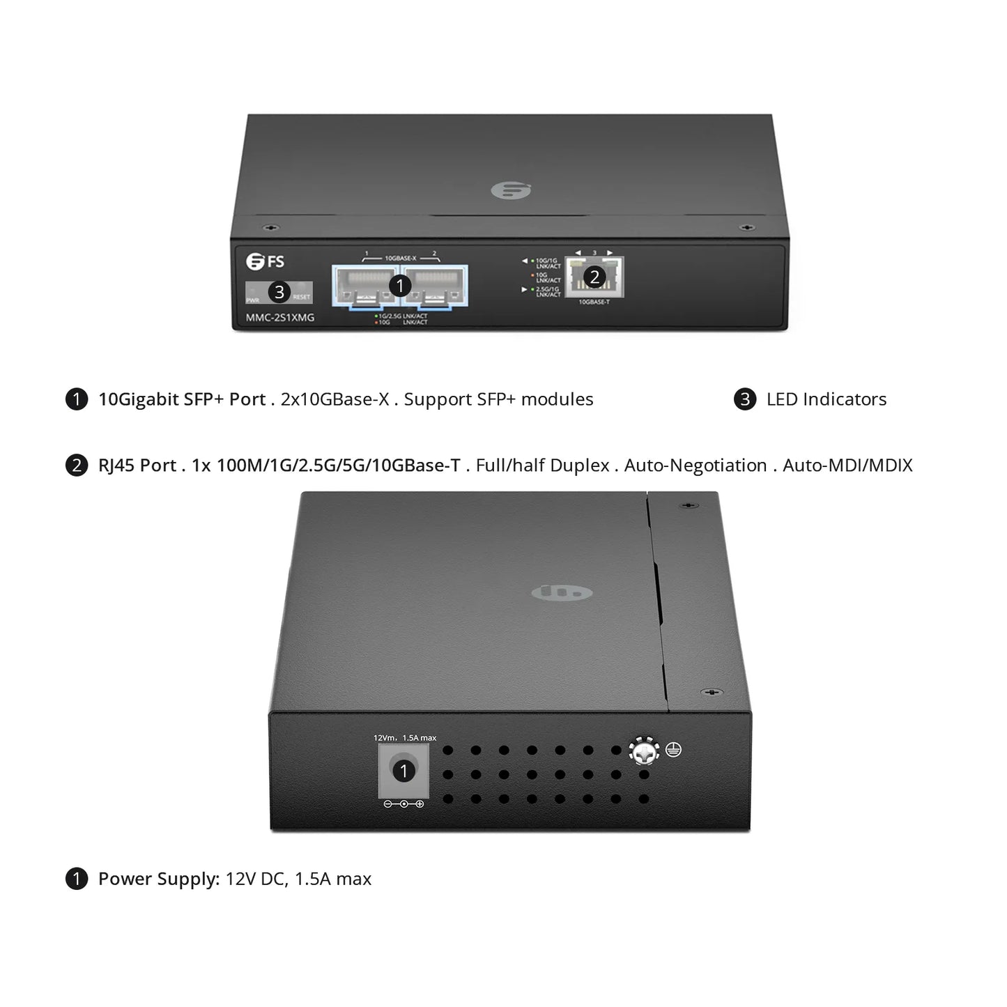 Managed 1x 100M/1G/2.5G/5G/10GBase-T RJ45 to 2x 10GBase-X SFP+ 10Gigabit Ethernet Media Converter, European Plug standard