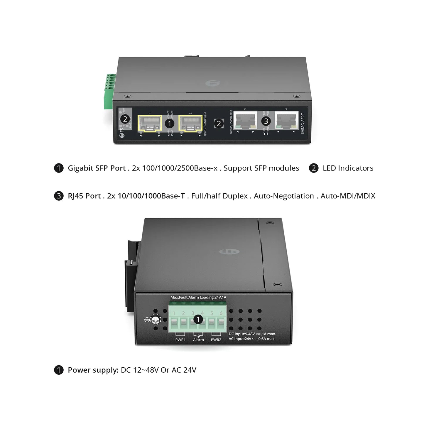 Industrial Managed 2x 10/100/1000Base-T RJ45 to 2x 100/1000/2500Base-X SFP Gigabit Ethernet Media Converter
