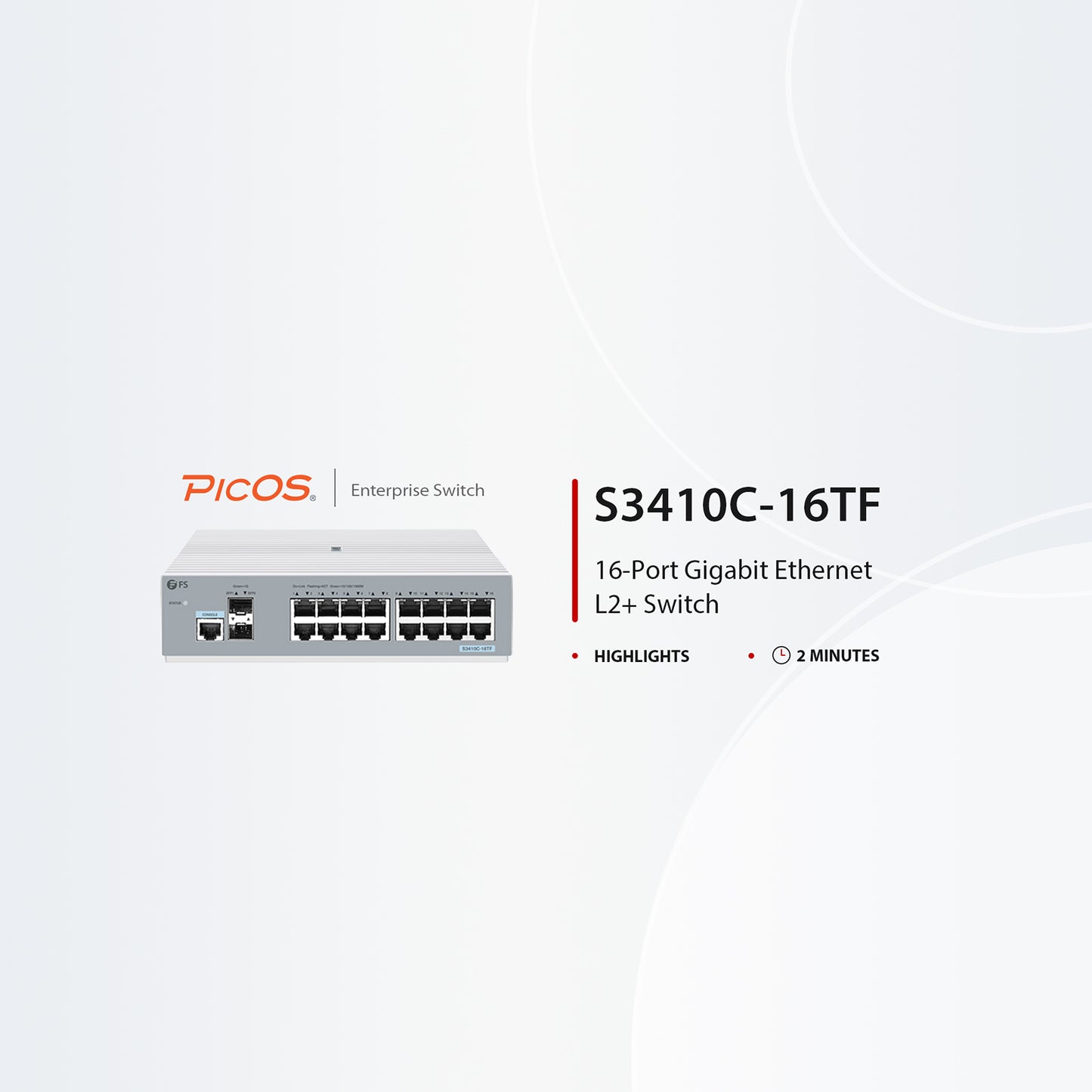 S3410C-16TF, 16-Port Gigabit Ethernet L2+ Switch, 16 x 1Gb RJ45, with 2 x 1Gb SFP Uplinks, PicOS®, Support MLAG, Broadcom Chip, Fanless