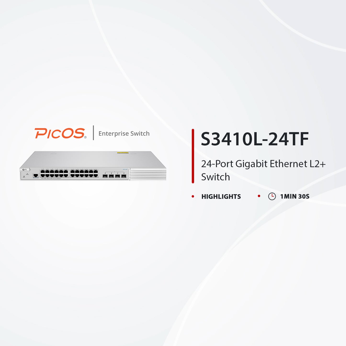S3410L-24TF, 24-Port Gigabit Ethernet L2+ Switch, 24 x Gigabit RJ45, with 4 x 1Gb SFP Uplinks, PicOS®, Support MLAG, Broadcom Chip, Fanless