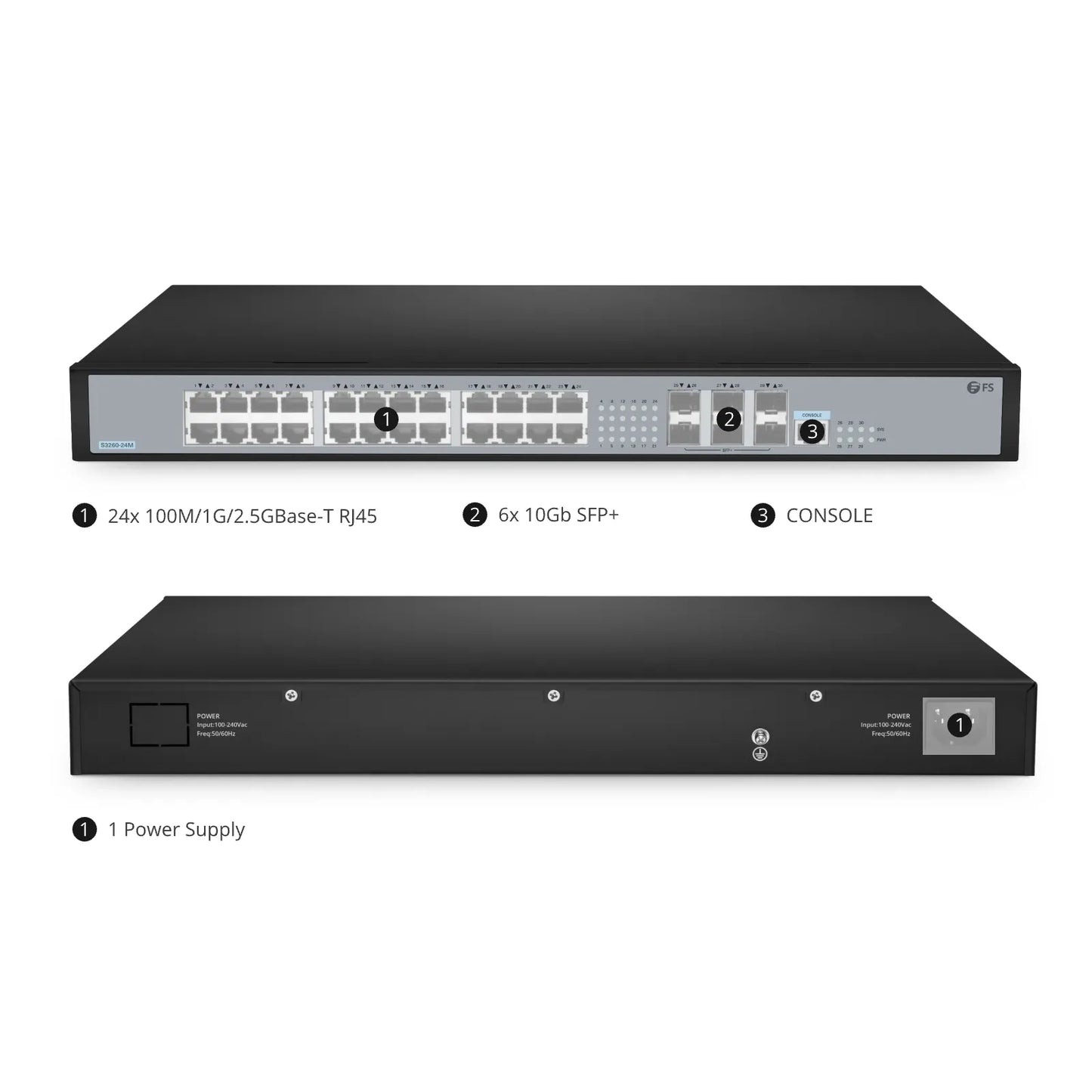 S3260-24M, 24-Port Ethernet L2+ Switch, 24 x 100M/1G/2.5GBase-T/Multi-Gigabit, with 6 x 10Gb SFP+ Uplinks, Stackable Switch
