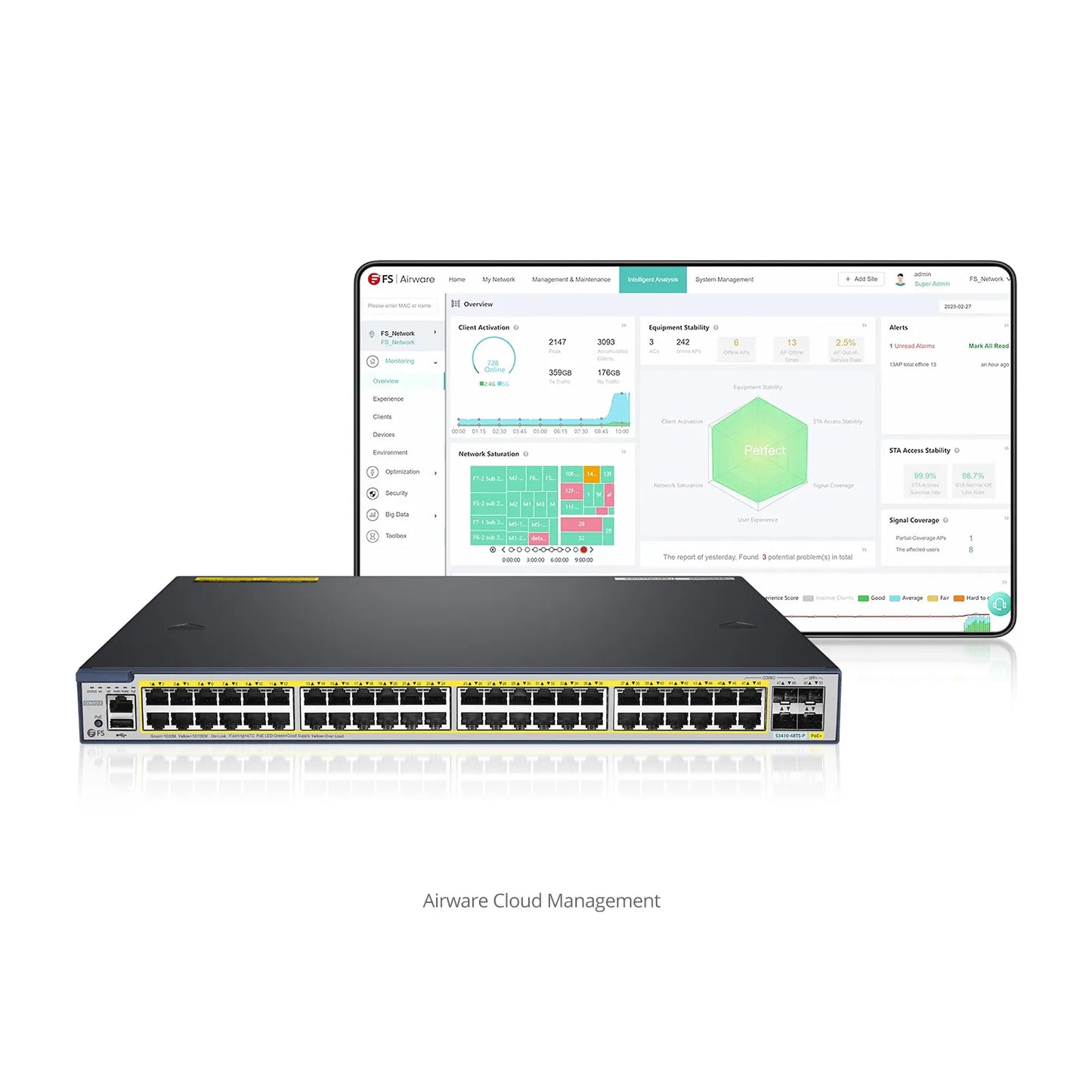 S3410-48TS-P, 48-Port Gigabit Ethernet L2+ PoE+ Switch, 48 x PoE+ Ports @740W, with 2 x 10Gb SFP+ Uplinks and 2 x Combo SFP Ports, Stackable Switch, Broadcom Chip