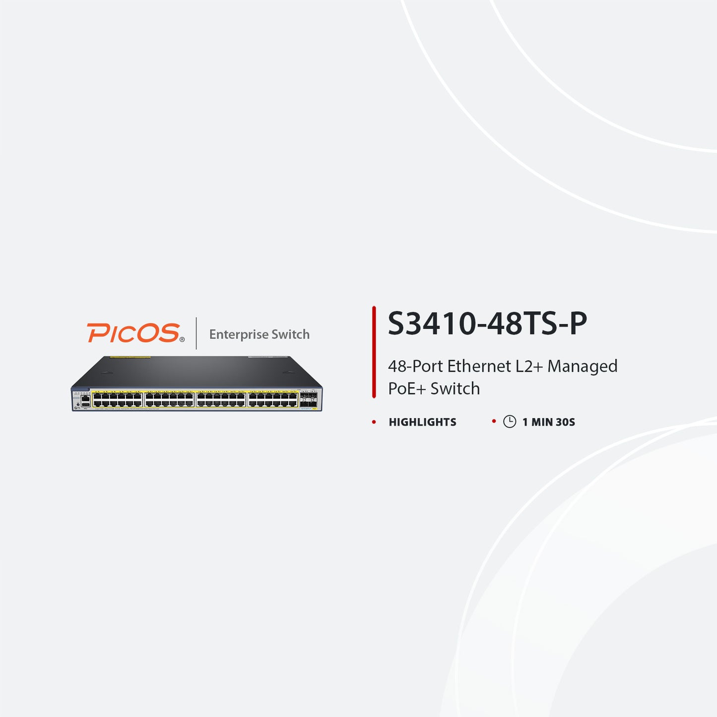 S3410-48TS-P, 48-Port Gigabit Ethernet L2+ PoE+ Switch, 48 x PoE+ Ports @740W, with 2 x 10Gb SFP+ Uplinks and 2 x Combo SFP Ports, PicOS®, Support MLAG, Broadcom Chip
