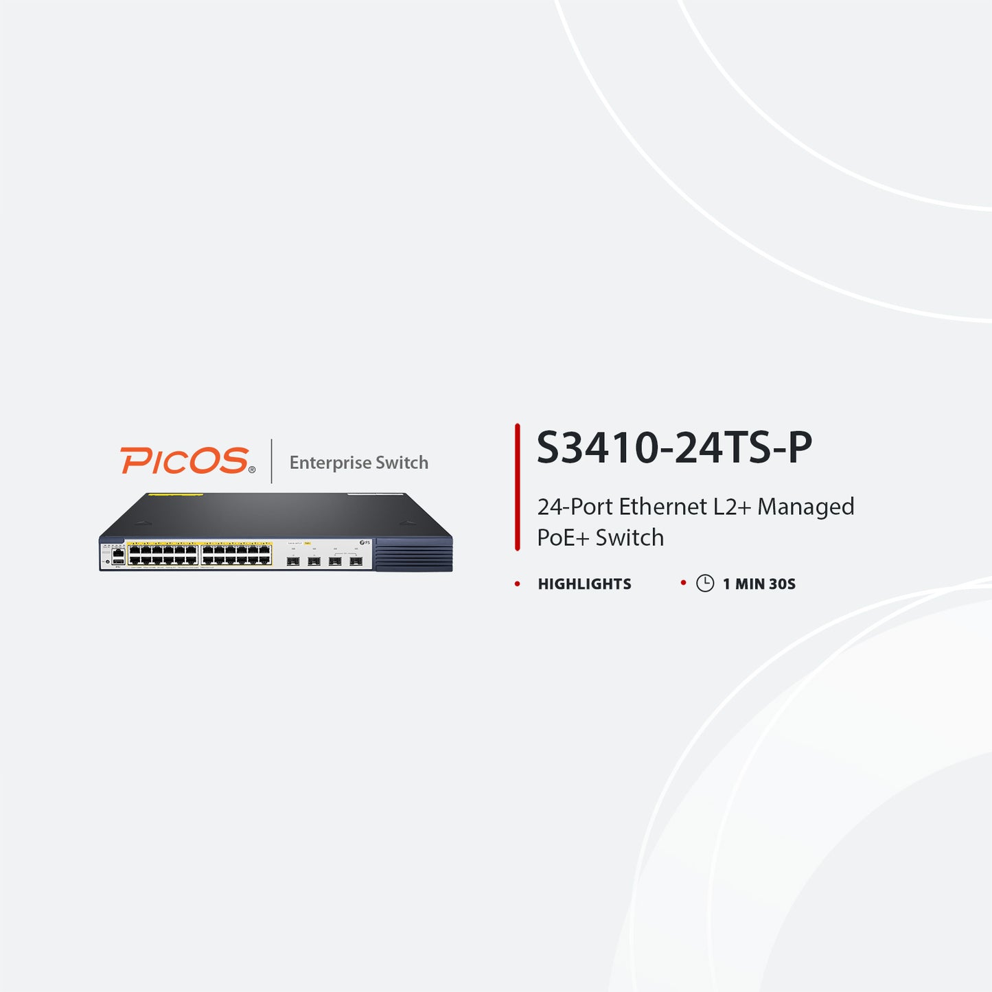 S3410-24TS-P, 24-Port Gigabit Ethernet L2+ PoE+ Switch, 24 x PoE+ Ports @740W, with 2 x 10Gb SFP+ Uplinks and 2 x Combo SFP Ports, PicOS®, Support MLAG, Broadcom Chip