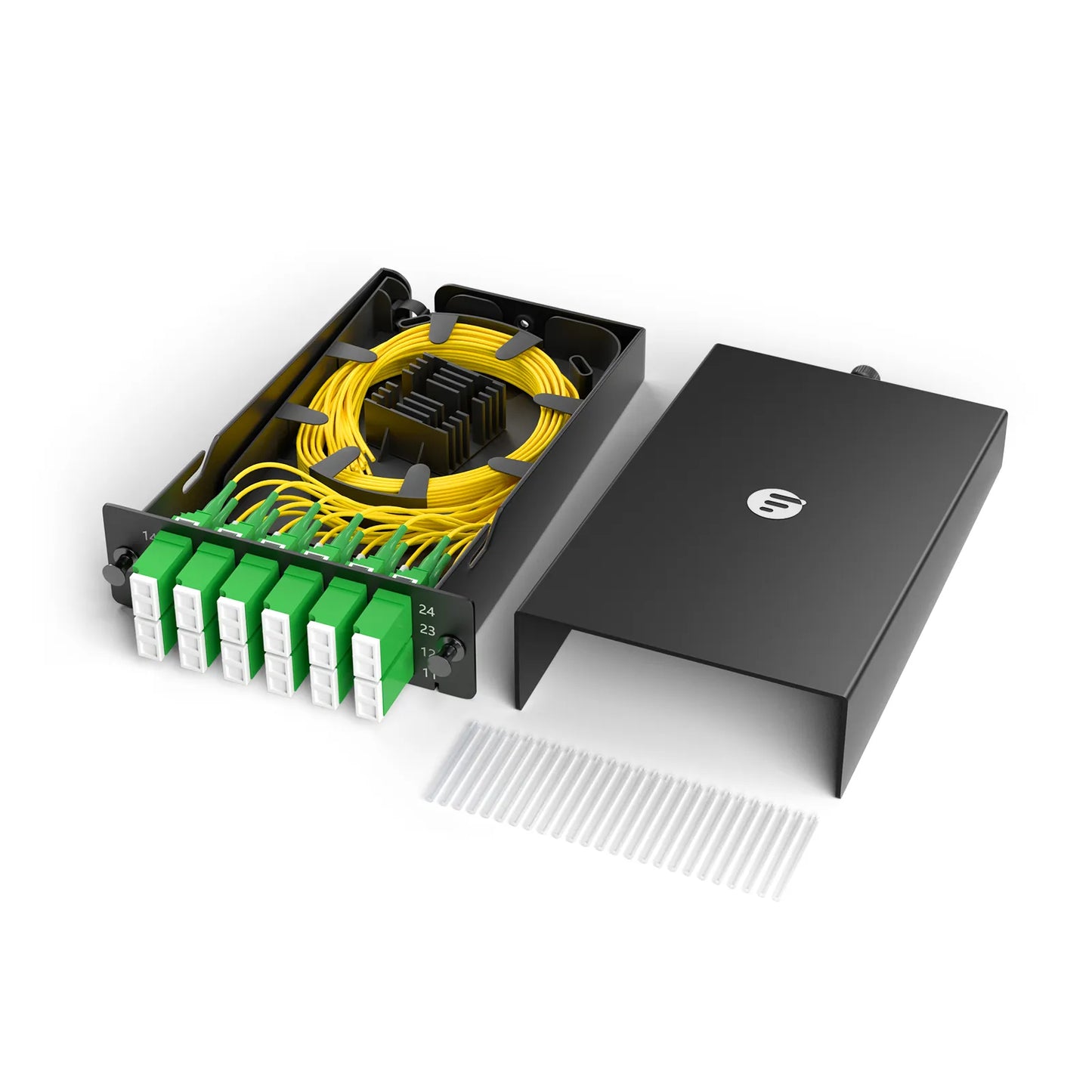 FHD™ LC Splice Cassette with Pigtails, 24 Fibers OS2 Single Mode, 12 x LC APC Duplex (Green), 0.3dB Max.