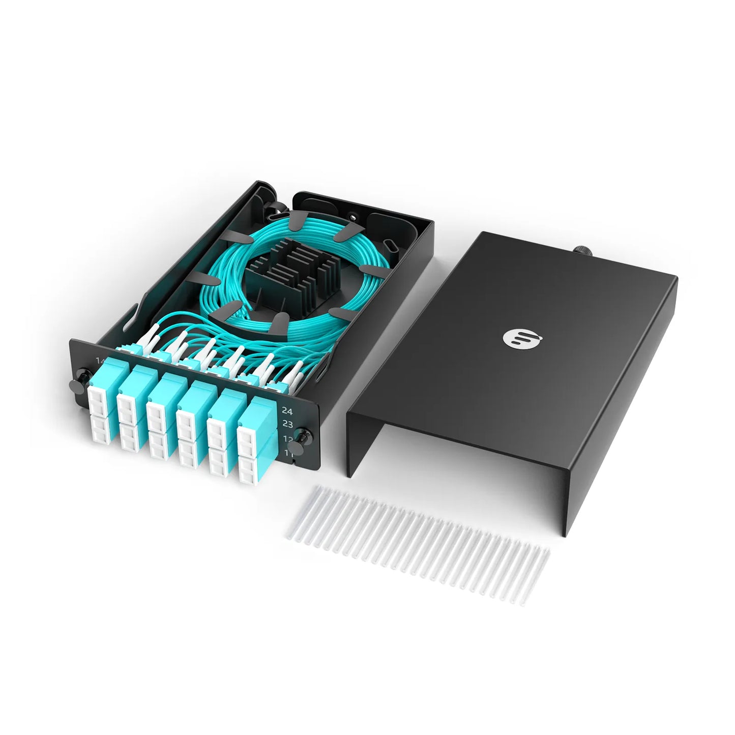 FHD™ LC Splice Cassette with Pigtails, 24 Fibers OM4 Multimode,12 x LC UPC Duplex (Aqua), 0.3dB Max.