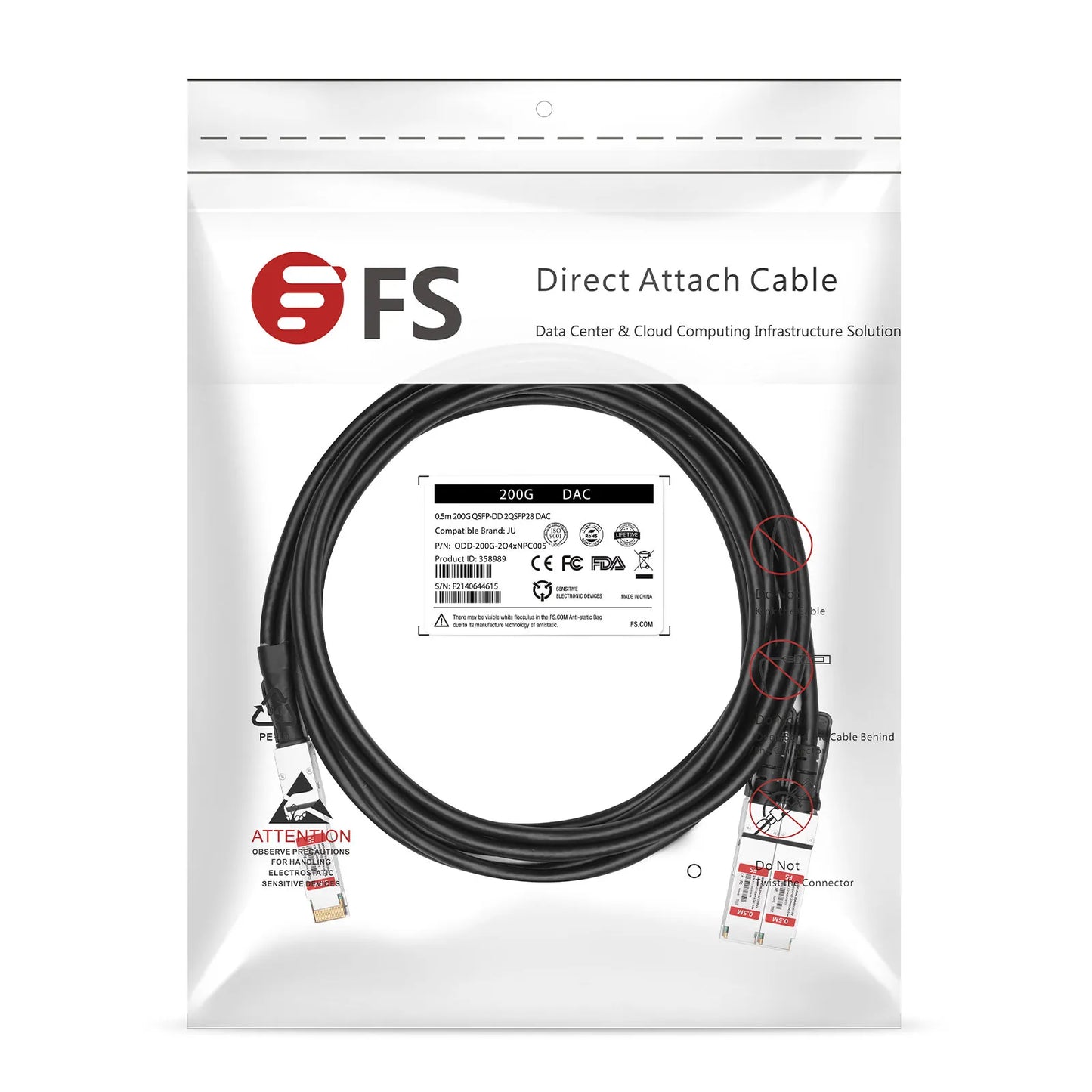 1m (3ft) Cisco Compatible 200G QSFP-DD 8 x 25G NRZ to 2 x 100G QSFP28 4 x 25G NRZ Passive Direct Attach Copper Breakout Cable