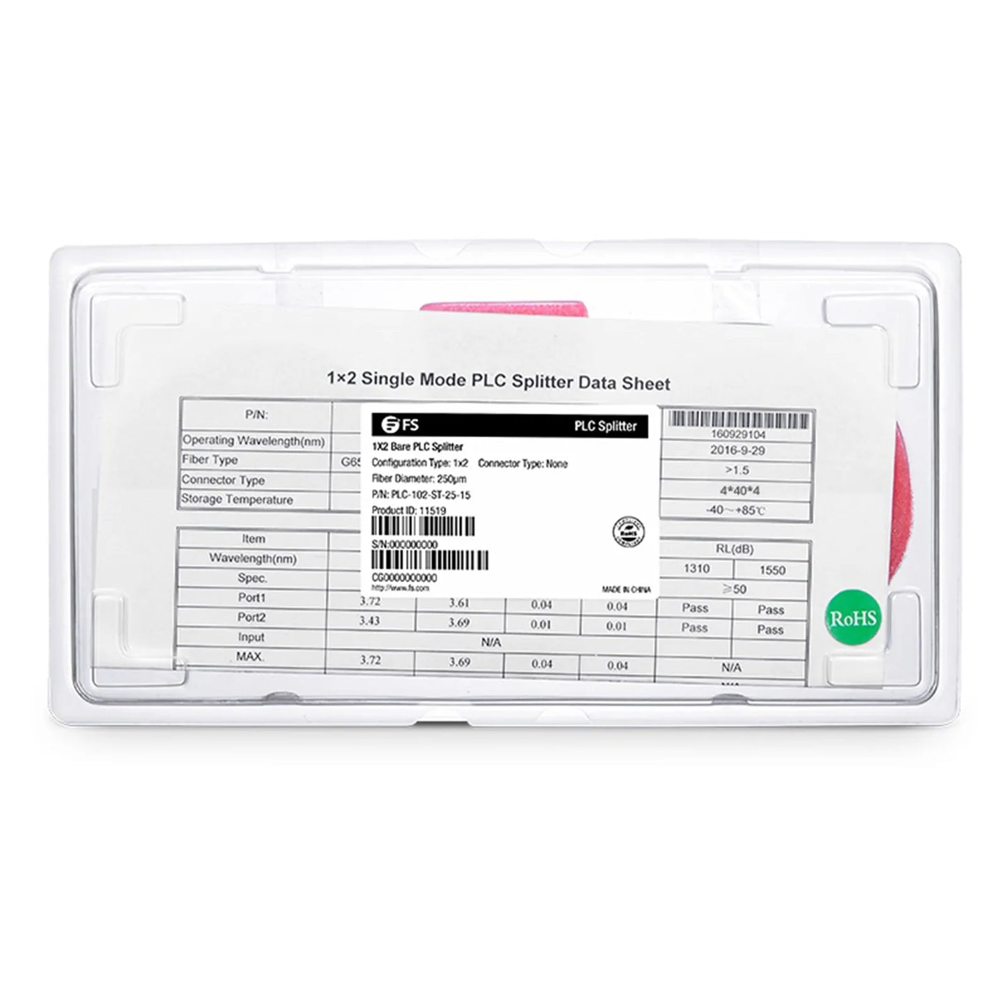 1 x 2 PLC Fiber Splitter, Steel Tube, Bare Fiber 250μm, No Connector
