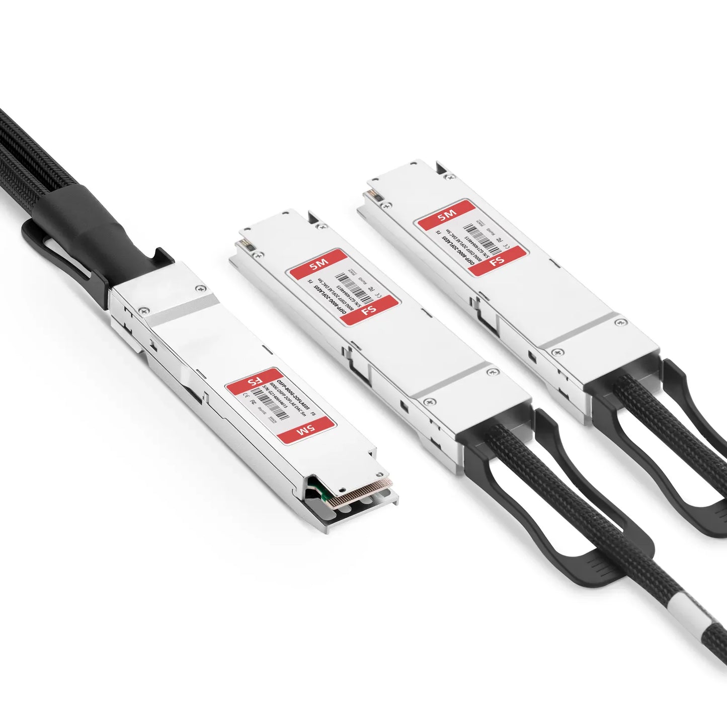 5m (16ft) 800G OSFP 8 x 100G PAM4 Finned Top to 2 x 400G OSFP 4 x 100G PAM4 Flat Top Active Electrical Copper Breakout Cable for FS Switches
